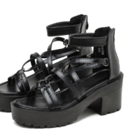 Black Gothic Punk Peep Toe Platform Sandals - Thumbnail 5