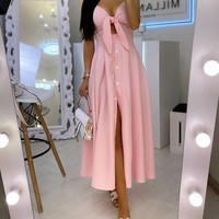 Sling V-Neck High Waist Halter Print Dress - Thumbnail 2