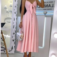 Sling V-Neck High Waist Halter Print Dress - Thumbnail 3