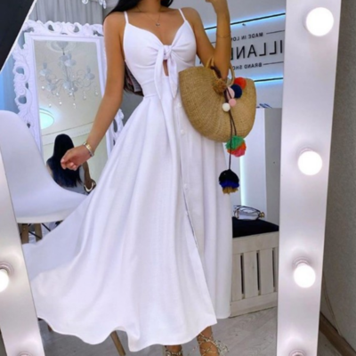 Sling v-neck high waist halter print dress - Thumbnail 4