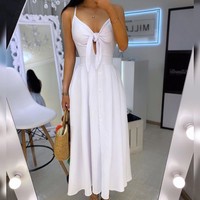 Sling V-Neck High Waist Halter Print Dress - Thumbnail 1