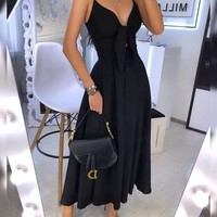 Sling V-Neck High Waist Halter Print Dress - Thumbnail 4