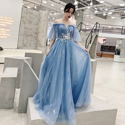 Blue tulle sequins long prom dress evening dress - Thumbnail 3