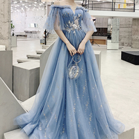 Blue tulle sequins long prom dress evening dress - Thumbnail 3