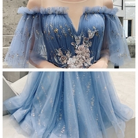 Blue tulle sequins long prom dress evening dress - Thumbnail 5