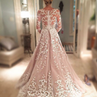 Ball Gown Round Neck Long Sleeves White Wedding Dresses with Appliques - Thumbnail 1