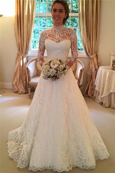 Vintage A-Line High Neck Long Sleeves Lace Wedding Dresses Bridal Gowns Wedding Gowns