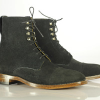 Bespoke Black Cap Toe Ankle Boots Men's Suede Boot - Thumbnail 1