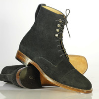 Bespoke Black Cap Toe Ankle Boots Men's Suede Boot - Thumbnail 2