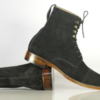 Bespoke Black Cap Toe Ankle Boots Men's Suede Boot - Thumbnail 3