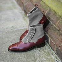 Unique Brown Leather Decent Handmade Gray High Ankle Button Formal Fashion Boot - Thumbnail 1