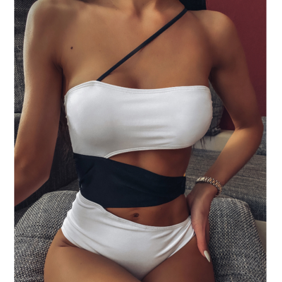 Elastic Splicing One-Piece Irregular Bikini Swimsuit