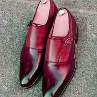 Optimal Red Patina MONK Style Premium LEATHER Classic Shoes For Men - Thumbnail 4