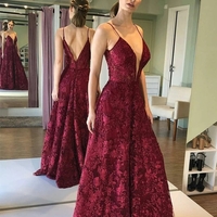 Deep V Neck and V Back Burgundy Lace Long Prom Dresses, Open Back Maroon Lace Formal Dresses, Burgundy Evening Dresses - Thumbnail 1