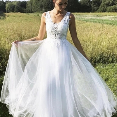 A line v neck tulle long lace white wedding dresses,formal prom dresses