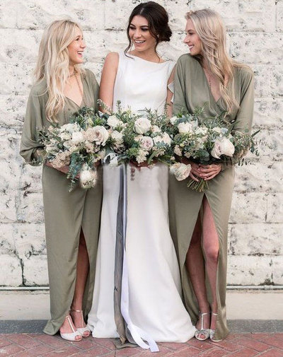 Boho V Neck Split Olive Green Casual Bridesmaid Dresses for Wedding Party