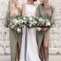 Boho V Neck Split Olive Green Casual Bridesmaid Dresses for Wedding Party - Thumbnail 1