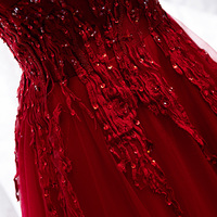 Burgundy tulle lace long prom dress - Thumbnail 2