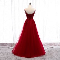 Burgundy tulle lace long prom dress - Thumbnail 4
