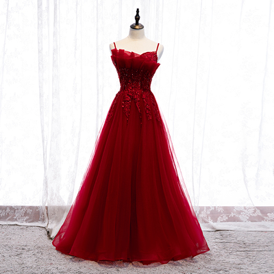 Burgundy tulle lace long prom dress - Thumbnail 5