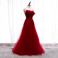 Burgundy tulle lace long prom dress - Thumbnail 3