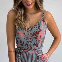 V-Neck Sexy Printed Jumpsuit - Thumbnail 1