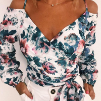 Printed Long-Sleeved V-Neck Chiffon Top - Thumbnail 1