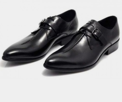 Black Leather Custom Decent Mid Line Double Fastening Lace Up Monk Formal Shoes