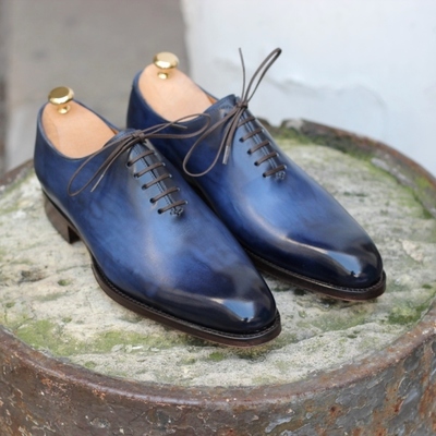 Handmade blue patina finish whole cut leather oxfords custom shoes for men