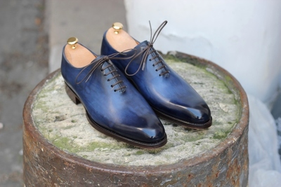 Handmade Blue Patina Finish Whole cut Leather Oxfords custom Shoes for Men