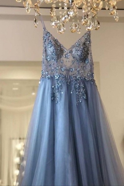 Spaghetti Straps Tulle Long Prom Dresses with Beaded