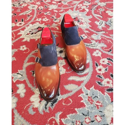 Handmade mens two tone monk shoes, double monk leather dress shoes for men