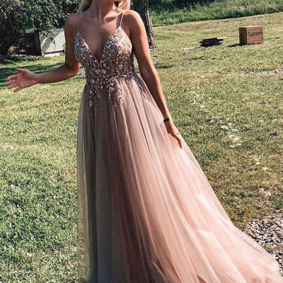 Spaghetti straps tulle prom dresses with beaded - Thumbnail 3