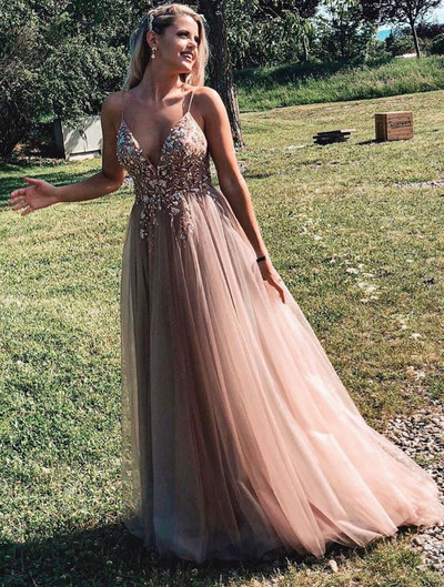 Spaghetti Straps Tulle Prom Dresses with Beaded
