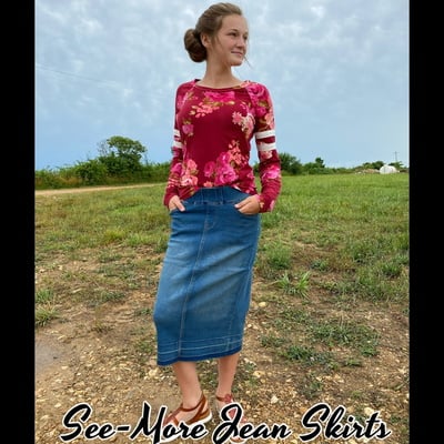 Classic comfort vintage wash mid length denim skirt