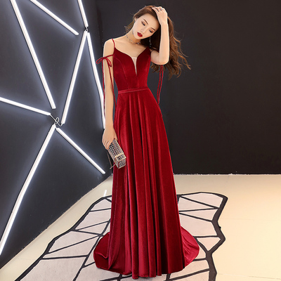 Burgundy v neck velvet long prom dress - Thumbnail 4
