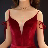 Burgundy v neck velvet long prom dress - Thumbnail 1