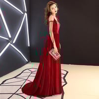 Burgundy v neck velvet long prom dress - Thumbnail 2