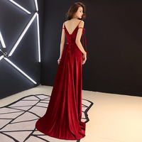 Burgundy v neck velvet long prom dress - Thumbnail 3