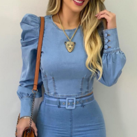 Solid Color Tight Bubble Sleeve Long Sleeve Top - Thumbnail 1