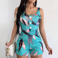 Casual Sling Sleeveless Blue Printed Jumpsuit - Thumbnail 1