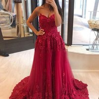Gorgeous Ball Gown Dark Red Prom Dresses with Appliques - Thumbnail 1