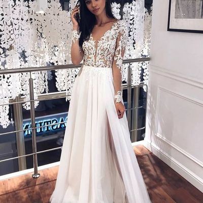 Charming v neck long sleeves lace split wedding dresses - Thumbnail 5