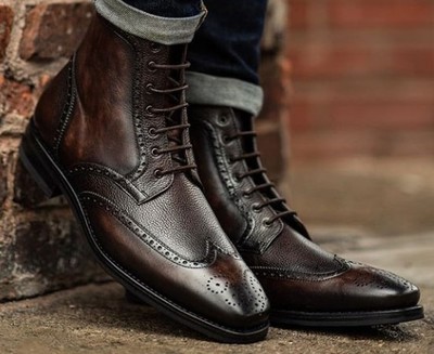 Handmade Mens Dark Brown Leather Wing Tip Brogue Ankle Boots, Men Designer Boots