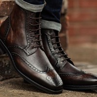 Handmade Mens Dark Brown Leather Wing Tip Brogue Ankle Boots, Men Designer Boots - Thumbnail 1