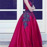 Dark Red Prom Dresses Quinceanera Gown with Black Appliques - Thumbnail 1