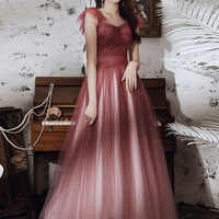 Burgundy tulle sequins long prom dress - Thumbnail 1