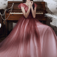 Burgundy tulle sequins long prom dress - Thumbnail 2