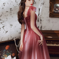 Burgundy tulle sequins long prom dress - Thumbnail 4