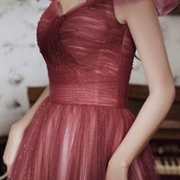 Burgundy tulle sequins long prom dress - Thumbnail 3
